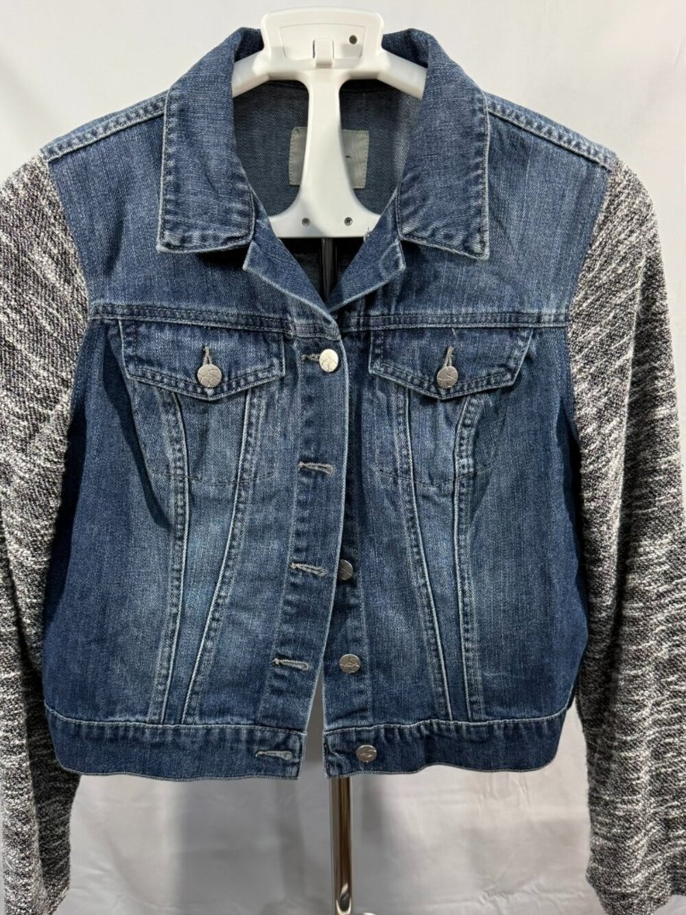 Jessica Simpson Denim Trucker Jacket with Grey Knit Sleeves (Size L)